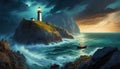 Storm over the sea with a lighthouse ans a boat. AI generated Royalty Free Stock Photo