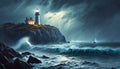 Storm over the sea with a lighthouse ans a boat. AI generated Royalty Free Stock Photo