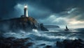Storm over the sea with a lighthouse ans a boat. AI generated Royalty Free Stock Photo