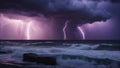 storm over the sea A powerful and destructive tornado over the sea, with multiple lightning bolts striking around it.