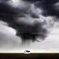 Storm with rain over a lone house