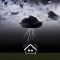 Storm with rain and a thunderbolt over a lone house