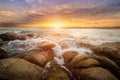 The storm on the rock beach with dramatic sky , Long Exposure of Sunset at the sea,Larn hin khao , Rayong,Thailand Royalty Free Stock Photo