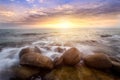 The storm on the rock beach with dramatic sky , Long Exposure of Sunset at the sea,Larn hin khao , Rayong,Thailand Royalty Free Stock Photo