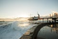 Storm at the sea and embankment street of Yalta city in Crimea in the morning on 24.10.2016. Big waves and tides wash Royalty Free Stock Photo