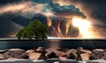 storm on sea at sunset lightening wild nature dramatic cloudy sky sun beam tree on rock and ocean water wave dramatic