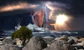 storm on sea at sunset lightening wild nature dramatic cloudy sky sun beam tree on rock and ocean water wave dramatic