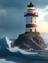 Storm at sea, waves crashing against the lighthouse. White and red Lighthouse in the middle of the ocean, big waves and storm