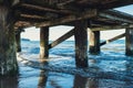 Storm sea waves under wooden pier in dramatic background wallpaper design. Seascape with running splashing sea waves Royalty Free Stock Photo