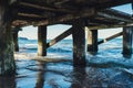 Storm sea waves under wooden pier in dramatic background wallpaper design. Seascape with running splashing sea waves Royalty Free Stock Photo