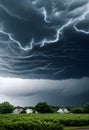 a storm is seen over a field with houses Royalty Free Stock Photo