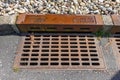 A storm sewer grate that drains water into waterways seen on a street by a curb on a street