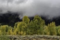 Storm showers cross the landscape in the Teton mountains.