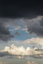 Blue sky behind dark storm clouds background texture Royalty Free Stock Photo