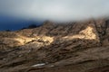Storm sky and sunlight in desert mountains