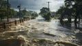 Storm surge covering flooded road during tropical storm. Generative AI