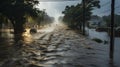 Storm surge covering flooded road during tropical storm. Generative AI