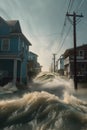 storm surge flooding a coastal town during hurricane