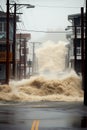 storm surge flooding a coastal town during hurricane