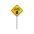 Storm warning road sign with blue sky and cloud background