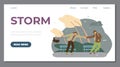 Storm warning website vector banner. Man and woman hold hands and help each other outdoor in the storm wind weather.