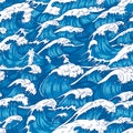 Storm waves seamless pattern. Raging ocean water, sea wave and vintage japanese storms print vector illustration Royalty Free Stock Photo