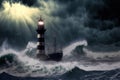 Storm waves and ship lighthouse at sea