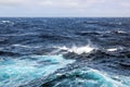 Storm waves in the world ocean. Kind of waves, crests, splashes, foam against the background of the sea and blue sky.