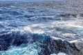 Storm waves in the world ocean. Kind of waves, crests, splashes, foam against the background of the sea and blue sky. Royalty Free Stock Photo