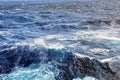 Storm waves in the world ocean. Kind of waves, crests, splashes, foam against the background of the sea and blue sky.