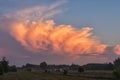 Stormcloud with sunset light on the twilight sky. Huge fluffy cloud in orange and pink colour. Big cumulus clouds over the rural