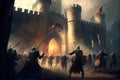 storming a medieval fortress, with an army of soldiers fighting their way to the castle gates