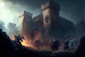storming a medieval fortress, with the attackers using battering rams and siege towers to break down the walls Royalty Free Stock Photo