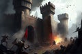 storming a medieval fortress, with the attackers using battering rams and siege towers to break down the walls Royalty Free Stock Photo