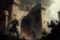 storming a medieval fortress with battlements and arrow slits, the defenders preparing for the onslaught