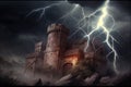 storming a medieval fortress during a fierce thunderstorm, with lightning illuminating the sky