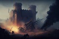 storming a medieval fortress with heavy and destructive siege weapons, such as catapults