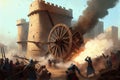 storming a medieval fortress with siege engines, such as stone throwers and battering rams