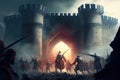 storming a medieval fortress, with view of the attackers scaling the walls and breaking open the gates Royalty Free Stock Photo