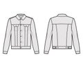 Stormrider denim jacket technical fashion illustration with flap pockets, button closure, classic collar, long sleeves Royalty Free Stock Photo