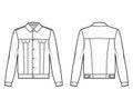 Stormrider denim jacket technical fashion illustration with flap pockets, button closure, classic collar, long sleeves Royalty Free Stock Photo