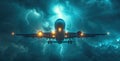 Stormy Aviation: Aircraft Amid Lightning. Royalty Free Stock Photo