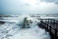 Stormy Baltic sea with big waves and wooden pier. Generative AI