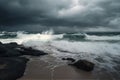 stormy beach with crashing waves and dramatic sky