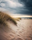 Stormy clouds looming above the beach. Coastline with sand dunes and wild grass. Moody weather. Generative AI