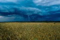 Stormy clouds and thunder above field