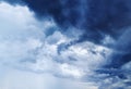 Stormy cloudy sky panorama, dark blue thunderclouds, white fluffy cumulus clouds closeup, rainy thunderstorm landscape, overcast