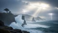 Stormy coastline with crashing waves, lightning strikes, and dramatic sunbeams through clouds Royalty Free Stock Photo