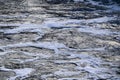 Stormy creek. wave and foam in the flow. splashes, bubbles, waves, stream, ripples and crests of waves in a fast forest stream in