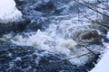 Stormy creek. wave and foam in the flow. splashes, bubbles, waves, stream, ripples and crests of waves in a fast forest stream in